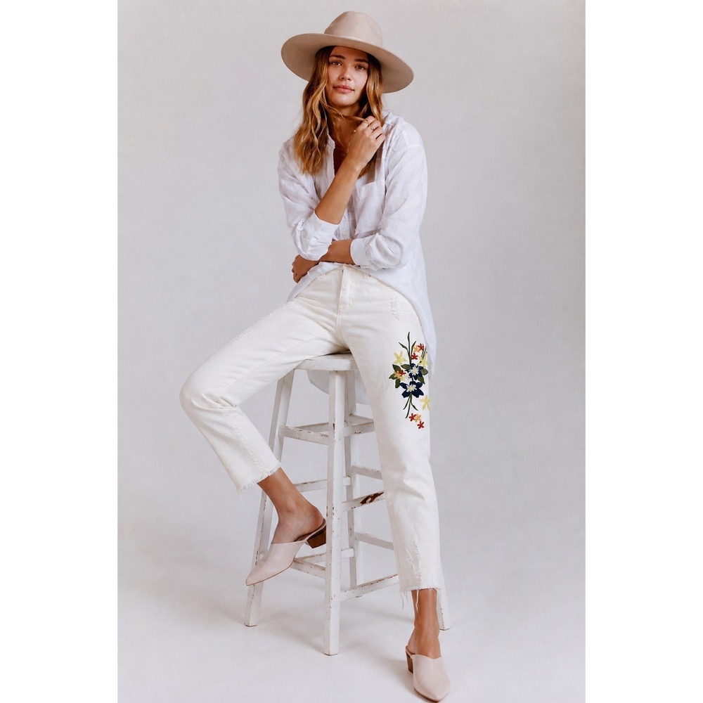 Wishlist White Embroidered Floral Skinny Jeans Raw Hem Cottagecore Boho S